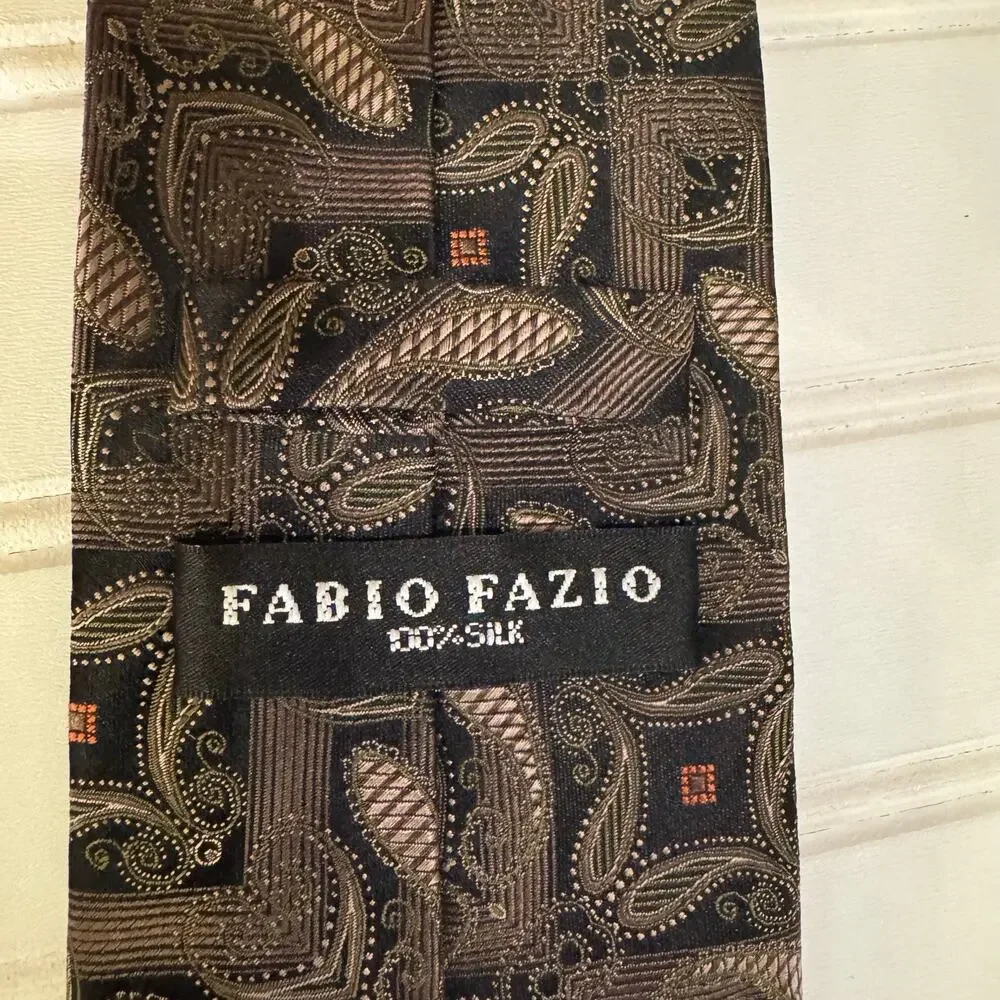 Fabio Fazio Woven Geometric Silk Tie Necktie Black & Gold Jacquard